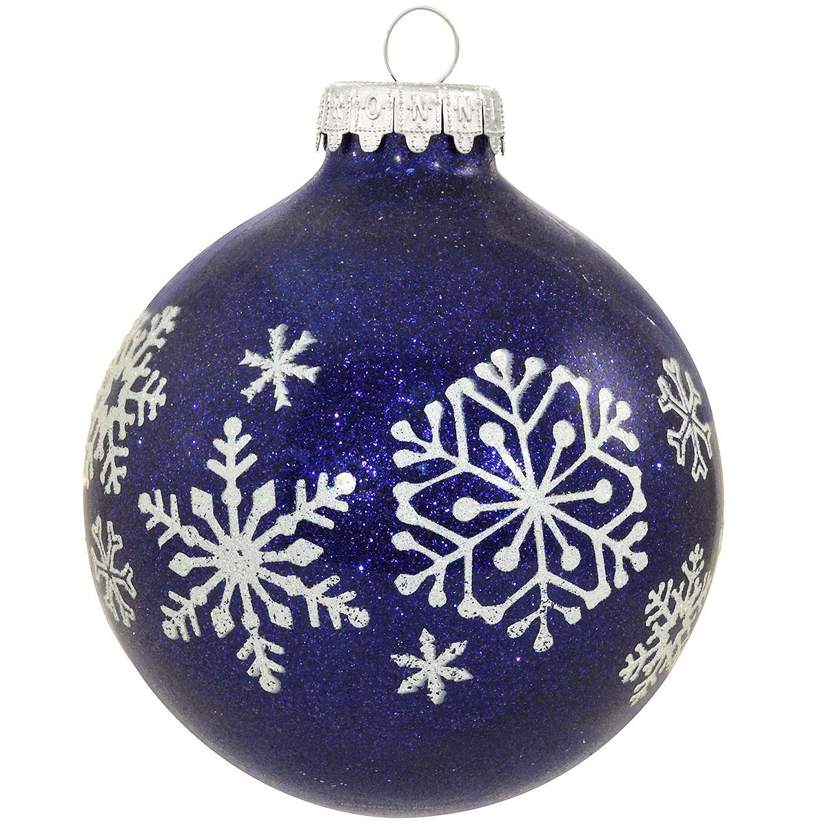 Dark Blue Snowflakes Sparkle Glass Ornament 
